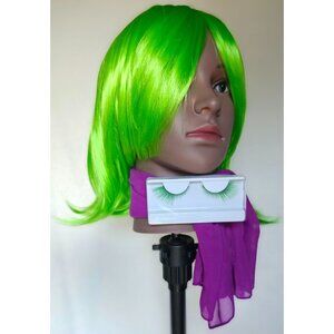 Inside Out Disgust Green Wig Purple Scarf Lashes Cosplay Halloween Womens Adult